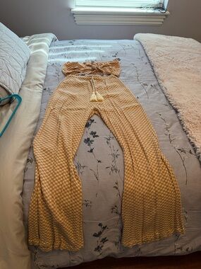 Valia Mustard Textured Wide-Leg Pants with Drawstring Tassels